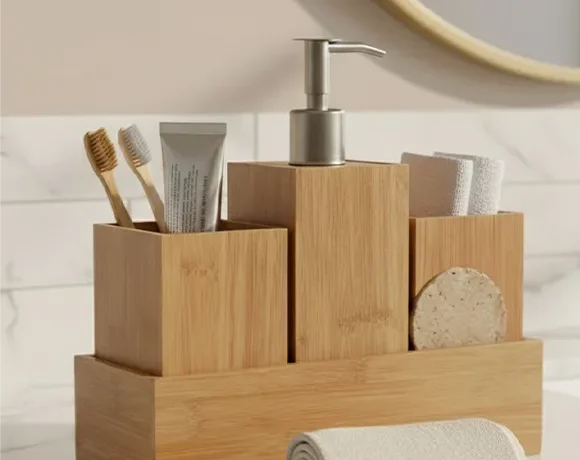 Bambexa sustainable bamboo bathroom accessories set with soap dispenser and toothbrush holder