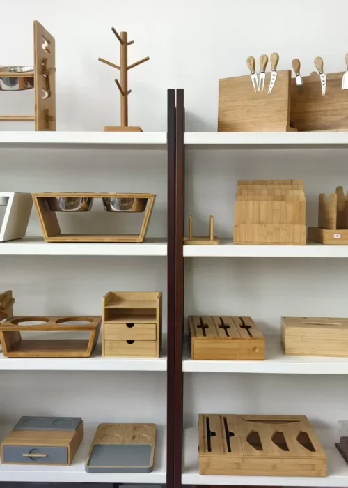 Bambexa Product Samples - Sustainable Bamboo Designs Bambexa showroom display featuring a variety of bamboo organizers and kitchenware samples