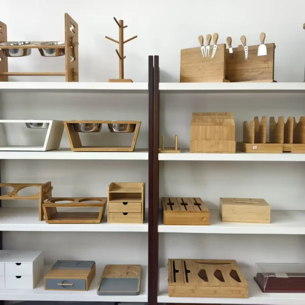Bambexa showroom display featuring a variety of bamboo organizers and kitchenware samples
