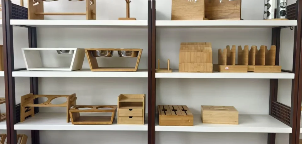 Bambexa showroom display featuring a variety of bamboo organizers and kitchenware samples