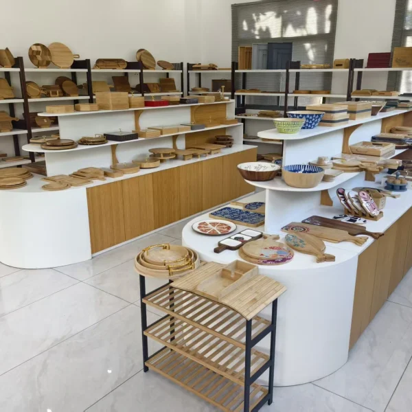 Bambexa professional showroom showcasing premium bamboo furniture and household organization sets