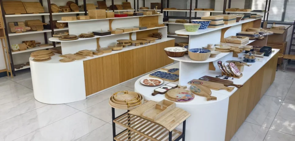 Bambexa professional showroom showcasing premium bamboo furniture and household organization sets