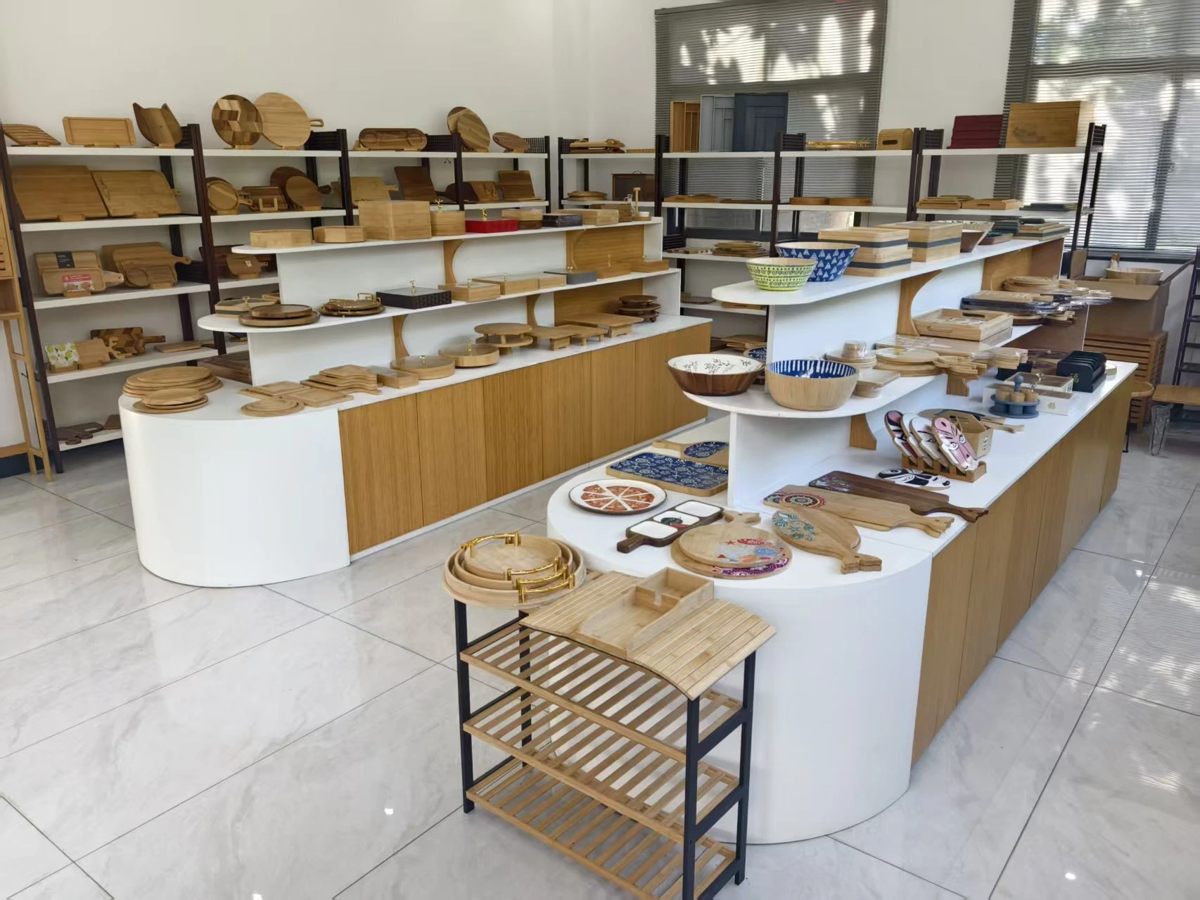 Bambexa professional showroom showcasing premium bamboo furniture and household organization sets