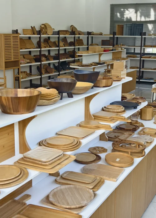Bambexa Bamboo Tableware - Showroom Collection Bambexa showroom display of various bamboo bowls, trays, and eco-friendly tableware