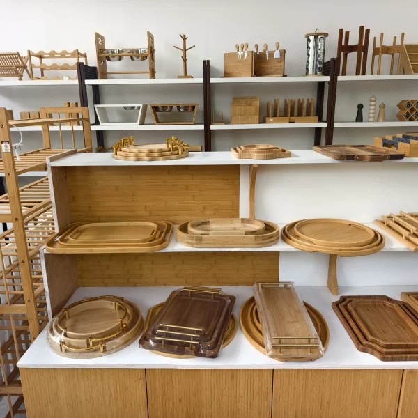 Bambexa factory showroom displaying a wide variety of bamboo kitchenware and home organizers