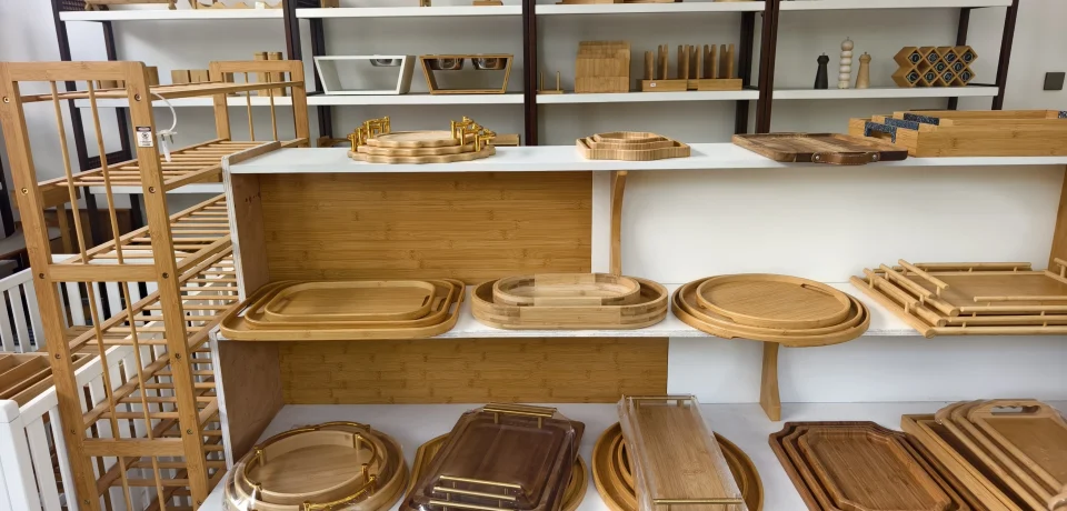 Bambexa factory showroom displaying a wide variety of bamboo kitchenware and home organizers