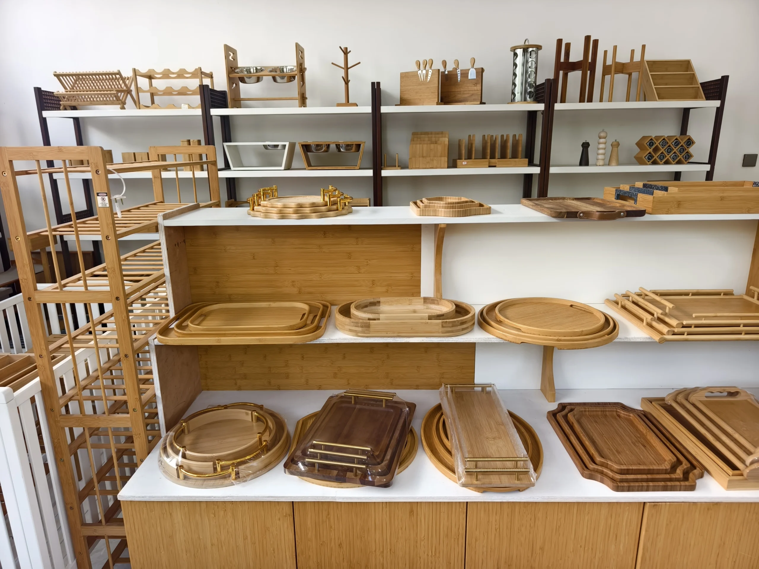 Bambexa factory showroom displaying a wide variety of bamboo kitchenware and home organizers
