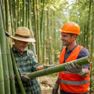 Bambexa professional workers harvesting high-quality raw bamboo in the forest