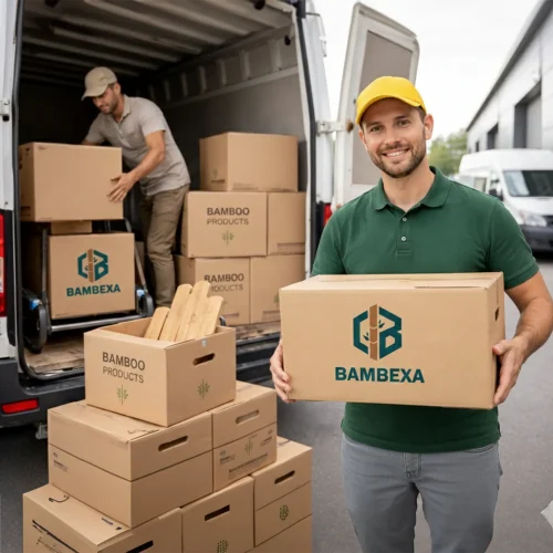 Bambexa logistics team loading branded bamboo product boxes for international shipping
