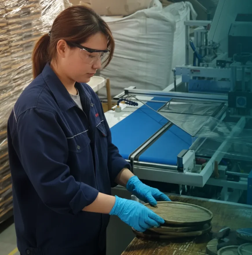 Bambexa skilled worker inspecting bamboo household products during manufacturing process
